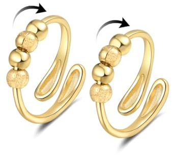 2 Pezzi Anello Antistress Donna Argento /Oro Anxiety Anelli con Perline Regolabile Aperto Rotante Anello Sottile Regali per Donna Uomo Ragazza Unisex