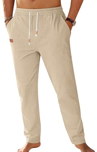 TARAINYA Pantaloni Cotone Lino Uomo Casual con Cordino in Vita e Tasche per L'Estate Beige Chiaro L