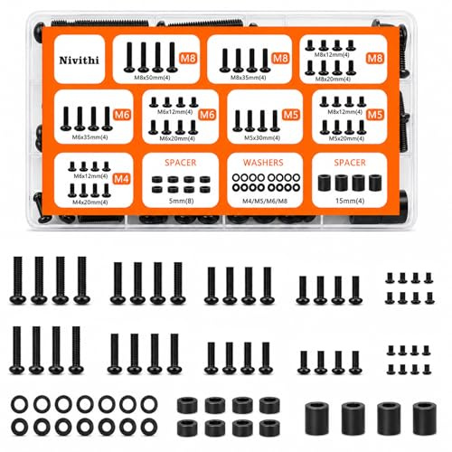 Nivithi 76 Stück Schraubenset Kreuzschlitz Schrauben Eisen Schwarz TS10 | Oberfläche Galvanisiert,Für TV-Wandhalterung,Fixiert TV,Inkl M4/M5/M6/M8 Schrauben,Unterlegscheiben,ABS-Rohre