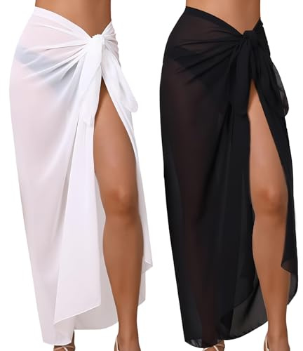 MENUY 2 Stück Pareo Damen Strand, Lang Strandtuch zum Umbinden, Sexy & Stylish Vertuschung Chiffon Badeanzug, Sommer Bikini Cover Up, Lange Beach Wrap für Strand in Schwarz und Weiß