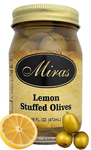 (Pack of 1) Miras Lemon Stuffed Olives Juicy Lemon-Stuffed Olives | Gourmet Snack | Premium Quality, Flavorful & Fresh 16oz Glass Jar