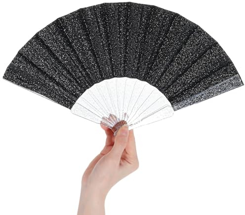 Grevosea Hand Fan Foldable, Glitter Handheld Fan Rave Clacking Fans for Line Dancing Chinese Folding Fan for Women Wedding Church Festival Dance Party Performance Decoration(Black)