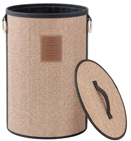 TONYBASKET Cesto portabiancheria rotondo in bambù da 75 l, con coperchio, diametro 40 cm, pieghevole, in cotone naturale, salvaspazio, per lavanderia, soggiorno, camera da letto, marrone