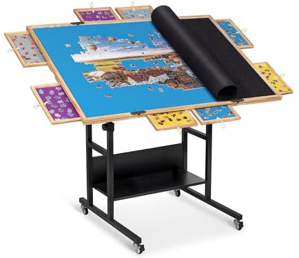 Sancallie 2000 Stück 2-in-1 Neigbarer & Drehbarer Puzzletisch mit 8 Schubladen, Faltbares Puzzlebrett mit Abdeckung, Höhenverstellbare Tische mit Beinen für Erwachsene, mit 4 Rollen & Ablageregal