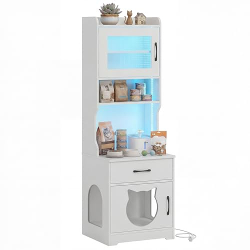 GYMAX Katzenschrank, Katzenklo Schrank mit Ladestation & LED-Licht, 16 Modi, Katzentoilette Schrank hoch mit Schublade, Regalen, Tür & Eingang, Hochschrank, 50 x 45 x 152 cm (Weiß)