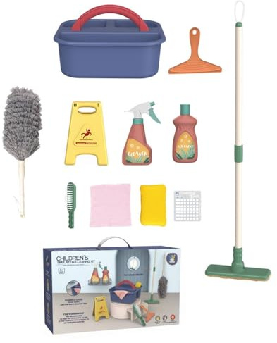 Wmqbjta Set de Nettoyage pour Enfants Jouet Balai Serpillière Pelle Kit Imitation avec Bouteille Pulvérisateur et Panneau Sol Mouillé Adapté aux Jeux de Rôle , Boîte Scellée 11 Pièces
