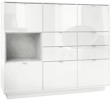 Vladon Highboard Sideboard Metro V2, Made in Germany, Korpus in Weiß Hochglanz/Fronten in Weiß Hochglanz mit Einsatz in Beton Oxid Optik