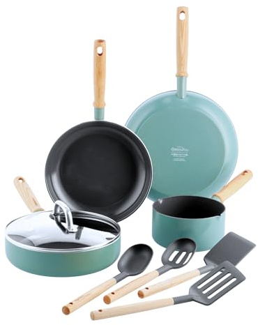 GreenPan Mayflower Healthy Ceramic Non-Stick 9-Piece Cookware Pots and Pans Set, Vintage Wood Handle, PFAS-Free, Induction, Smoky Blue, Blue