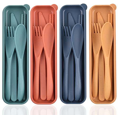Travel Cutlery Set with Case, Portable Plastic Cutlery Set Reusable Knife Fork Spoon Chopsticks Camping Utensils Set (4 Sets)
