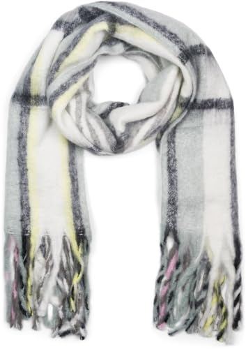 styleBREAKER Bufanda de punto para mujer con estampado de rayas y flecos largos y gruesos, cálida bufanda de invierno multicolor 01017157, color:Gris-Negro-Amarillo