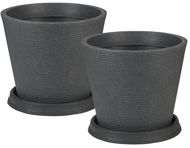 Scheurich 2er Set Blumentöpfe Coneo 40 mit Untersetzern, rund, aus Kunststoff Farbe: Schwarz-Granit, 38,5 cm Durchmesser, 33,2 cm hoch, 26 l Vol.