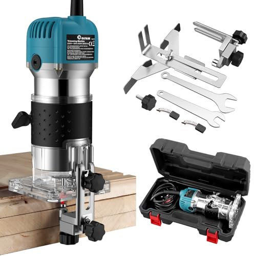 COLFULINE 1/4'' Compact Electric Palm Router for Woodworking - 6 Variable Speeds, Hand Router Wood Trimmer Routers Woodworking with Portable Case, 6.35mm Trimmer Base & 3m Power Cord(Blue+Silver)