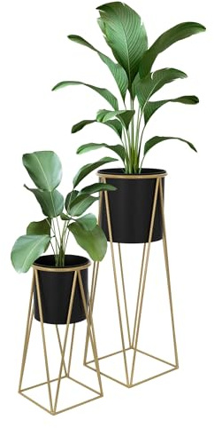 ML-Design blomställ set om 2, svart-guld, 21,8x22x47cm/25x25x71cm, stål, blomställ med planteringslåda, metallväxtställ, blomkrukshållare 2-delad, blomkruksdekoration blomsterpelare blomsterpall