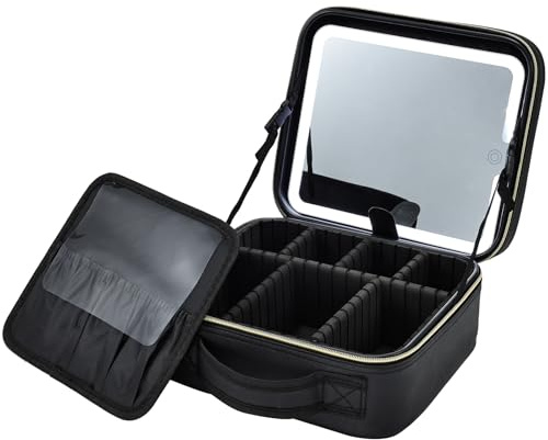 Travel Make up Bag with LED Mirror Make up Organiser Bag Cosmetic Bag with Compartment Vanity Case Makeup Box Waterproof Makeup Case Adjustable Brightness in 3 Color Scenarios, Black