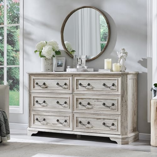 T4TREAM Farmhouse 6 Drawers Dresser for Bedroom, 54 Wide Wood Rustic Chest of Drawers with Natural Texture, Vintage Design, Storage Dressers Organizer for Bedroom, Living Room, Distressed White