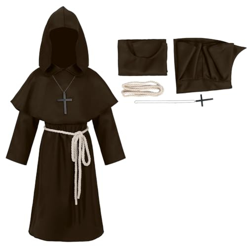 mewjoy Abbigliamento medievale per bambini, per il Rinascimento, con cappuccio, per fratello, per bambini, costume da sacerdote, Halloween, carnevale, feste, cosplay, set marrone, XL