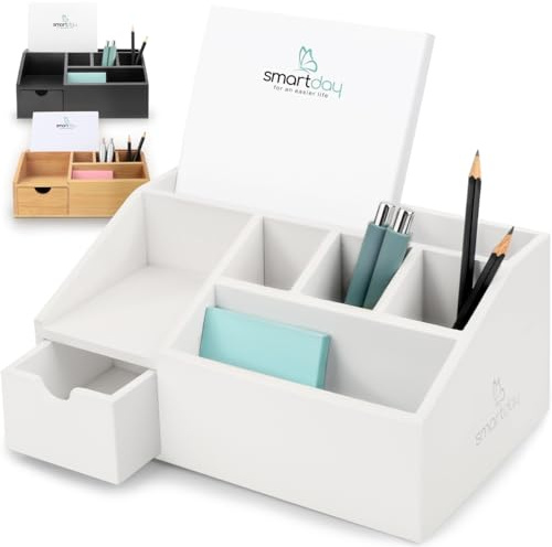 smartday Schreibtisch-Organizer aus Holz Weiß mit Schublade - Stiftebox, Schreibtischablage Büro Organizer I Ablage, Stiftehalter aus Bambus für Schreibtisch, Büro, Home-Office