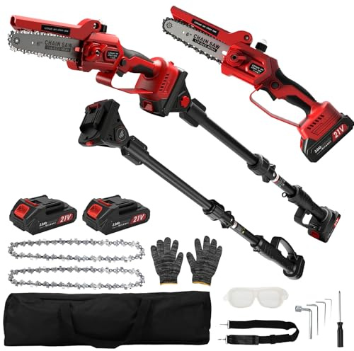 Élagueuse sans fil 2 en 1 et mini tronçonneuse de 15,2 cm avec 2 batteries et 2 chaînes, portée maximale jusqu'à 4,5 m, scie à élaguer sans balais pour couper du bois et l'entretien des arbres