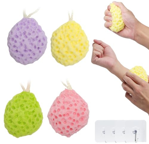 Set de 4 esponjas de baño con gancho - Esponjas ultra suaves y exfoliantes hechas de materiales naturales - Cuidado delicado para la piel, espuma rica para hombres y mujeres, 1 gancho incluido
