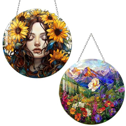 Sonnenfänger Fenster Fensterdeko Hängend, Fensterschmuck Hängend für Wohnräume und Büros, Zwei 15x15 cm Runde Acryl Fensterdekorationen mit Symbolischen Motiven Geschenkideen