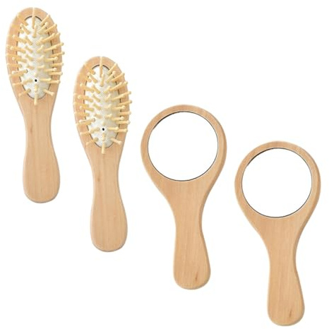 WOONEKY 2 Sätze Tragbares Spiegel Haarbürsten set aus Holz mit Handlichem Kosmetikspiegel Leichtes Mini reise beauty set für Damen und Herren für Handtasche und Schminktisch
