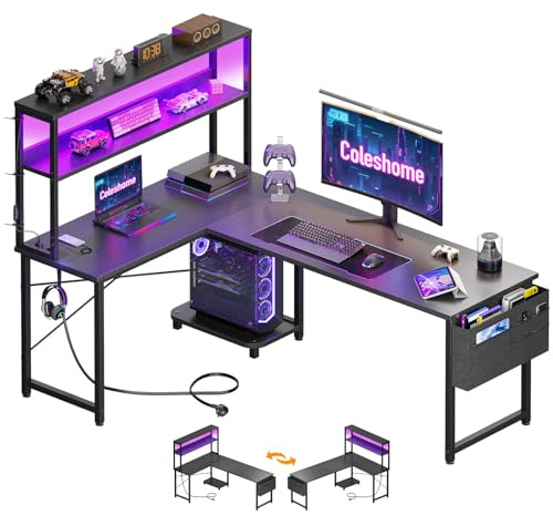 Coleshome L-format Gamingbord med LED Belysning, 155x100cm, Svart | Reversibelt Hörnskrivbord med Integrerat Uttag och USB Port, Förvaringshyllor, Hörlurshållare för Hemmakontor, Spelare
