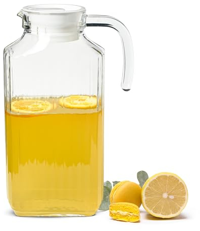 Sendez Glaskaraff 1,8 liter med lock och handtag – juicekanna med strukturerad yta – vattenkaraff av glas, droppfri pip, diskmaskinssäker – för vatten, juice och drycker