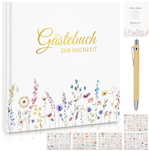 ZYNERY Gästebuch Hochzeit Blanko, 21 x 21 cm Hochzeit Gästebuch mit Sticker und Stift 72 Blatt / 144 Seiten Hochzeitsgästebuch zum Ausfüllen von Namen, Glückwünschen, Fotos Einkleben
