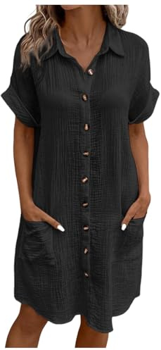 Generico Abito Estivo Donna in Lino Cotone Scollo a V Vestito Donna Lunghi Elegante Abito da Camicia a Maniche Corte con Bottoni e Tasche Vestito Copricostume Mare Spiaggia da Spiaggia Casual