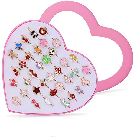 Diealles Shine 36 Stück Kinderringe Mädchen mit Herzform Vitrine, Perfekt für Kinder Geburtstag Party Favors