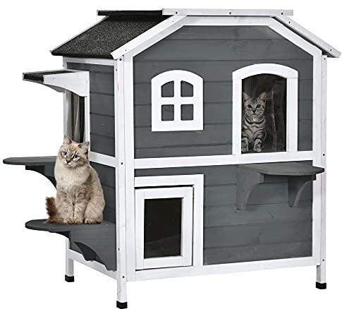 PawHut Katzenhaus aus Holz 2-Etagen Winterfest wasserdicht Katzenhütte mit Asphaltdach klappbarem Deckel Treppe Katzenhöhle Outdoor Schutzhütte für Draußen Garten Balkon 99,5 x 76 x 91 cm Grau