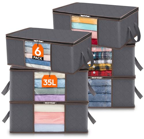 Lifewit 35L Clothes Storage Bag Foldable Storage Boxes with Lids Underbed Wardrobe Storage Organiser with Sturdy Fabric Clear Window for Clothing Bedding Sweaters T-shirts Blankets, 6 Pack, Grey