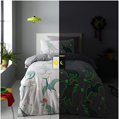 GC GAVENO CAVAILIA Teddy Glow In Dark Duvet Cover, Super Soft Snuggle Fluffy Fleece Quilt Bedding Set, Winter Dinos, Single Glow in Dark Winter Dinos 647881