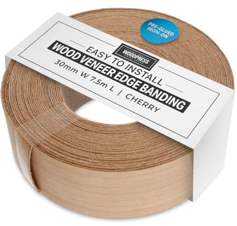 WoodPress® 30 mm Kirschholzrand zum Aufbügeln, 7,5 m Rolle, vorgeklebtes Holzfurnierband für eine einfache DIY-Anwendung, bedeckt den Rand einer Standard-MDF-Platte