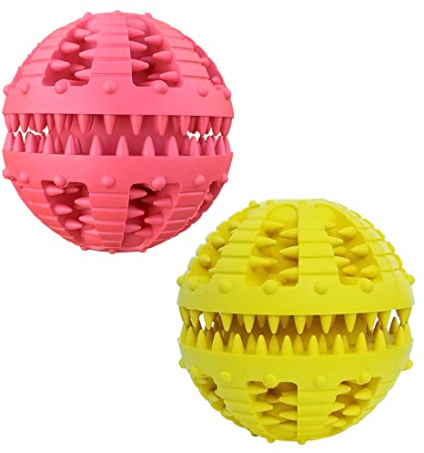 MMSGA 2 Pcs Jouet pour Chiens Balle,Boule de Nettoyage des Molaires de Chien Chat,D'entraînement Interactif Distribution de Nourriture Jouet Balle (Rouge + Jaune, 8cm)