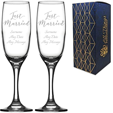Personalised Engraved Wedding Champagne Set His and Hers, Wedding Just Married, Any Date and Message Glasses, Holds Up to 7.5oz/221ml, Imperial Flute, Engraved in The UK