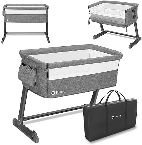LIONELO Theo 2-i-1 Spjälsäng & Co-Sleeper med Justerbar Höjd, Komfortmadrass, Vinklingsfunktion, Myggnät och Förvaringsficka, På Hjul, Inkluderar Transportväska, Från Nyfödd till 9 kg, Grå