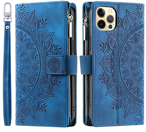 VEEMOS Handyhülle für iPhone 12/12 Pro hülle Klappbar Blumen Handytasche Schutzhülle Klapphülle mit Kartenfach Handy Tasche Book Cover Flip Case Ständer - Blau