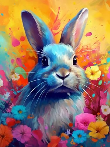 Bimkole DIY 5D Diamond Painting Kits Zubehör Bunter Hase, Tierblume Diamant Malerei Kit Voll Runde Bohrer Malen nach Zahlen Malerei Stickerei Kreuzstich Diamond Dekoration 30X40cm