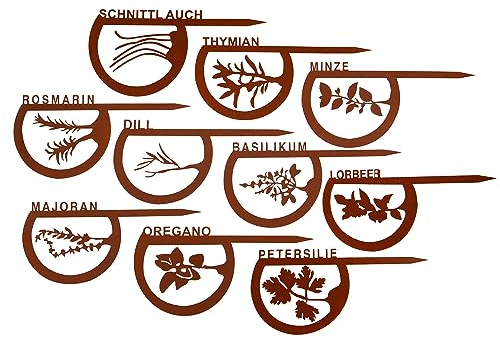 UNUS Kräuterstecker Kräuter 10er Set, Gartendeko Rostoptik zum Anschrauben, Kräuterschilder aus Edelrost Metall, Rost Deko für Garten, Terrasse oder Balkon