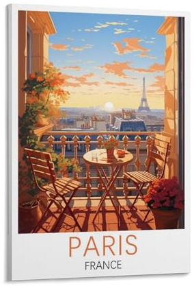 Vintage-Reiseposter, Motiv: Paris Frankreich, 50 x 75 cm, Leinwanddruck für Wohnzimmer, Schlafzimmer, Wohnheim, Zuhause, Büro, Wanddekoration