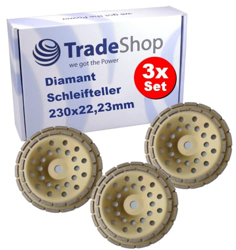 3x Trade-Shop Diamant Schleifteller/Schleiftopf 230 x 22,23mm Doppel Segmente kompatibel mit Einhell Hitachi Milwaukee Betonschleifer Sanierungsfräse