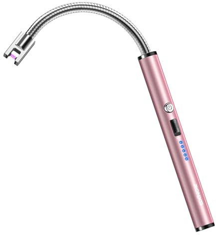 RONXS Stabfeuerzeug Elektrisch, Feuerzeug Langer Hals Typ C Aufladbar, Pink | Lichtbogen ohne Gas und ohne Flamme, winddicht, Sicherheitsschloss, Akkuanzeige, Kerzenanzünder für Küche Grill Kamin