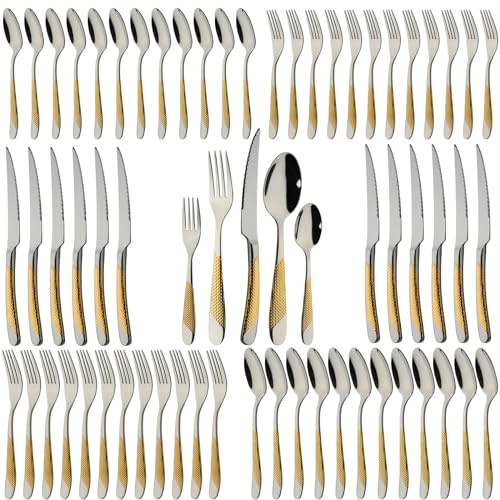 Gold Silverware Set 60-Piece Stainless Steel Flatware Cutlery Set Service for 12 Kitchen Tableware Utensil Set Includes Knives Spoons Forks For Home Kitchen Restaurant