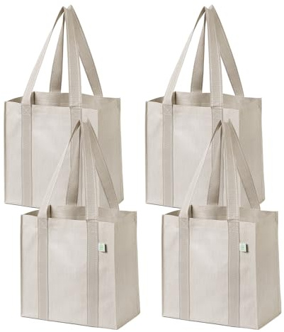 VENO 4 Pezzi. borse per la spesa e la spesa riutilizzabili con manici e fondo rigido in un formato compatto e conveniente. Borsa tote pieghevole, resistente e resistente (Beige, 4 Pz.)