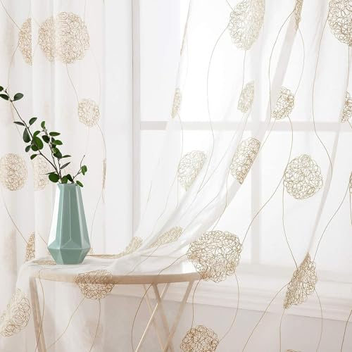 MIULEE Cortinas Salon Modernas con Bordado con Hortensias, Cortinas Dormitorio Translucidas 2 Piezas con Ojales, Decorativas Visillos para Ventanas Habitacion (2X A 140 x L 137 cm, Flores Dorado)