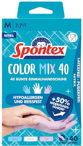 Spontex Color Mix, 40 farbenfrohe Einmalhandschuhe aus Nitril, latexfrei und ungepudert, Größe M, 40 Stück