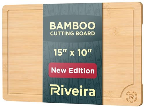 Riveira Planche à découper en bois – Gourmet Bamboo Grandeur : 38,1 x 25,4 cm – Planches à découper en bois pour cuisine – Planches à découper naturelles pour cuisine – Rainures innovantes pour jus –