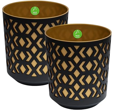 Valle Verde 2er Set Blumentopf Pflanzentopf Kräutertopf Deko Blumenkübel Pflanzgefäß Geometrisches Muster Rund Kunststoff (Ø 28,5 cm Schwarz-Gold)