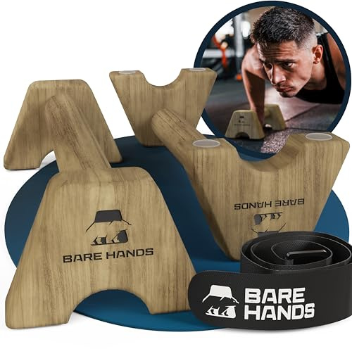 BARE HANDS Maniglie per flessioni – 2 maniglie per flessioni in legno antiscivolo – Attrezzatura Calisthenics per interni ed esterni – Ideale per poggiapolsi e flessioni (modello M – scuro)